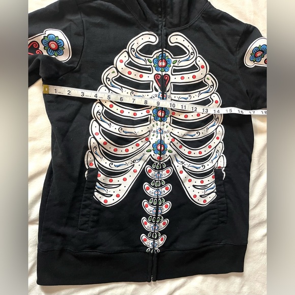 Hot Topic Black Skeleton Graphic Full Zip Hoodie Sweatshirt w Face Mask Sz Med - Picture 6 of 15